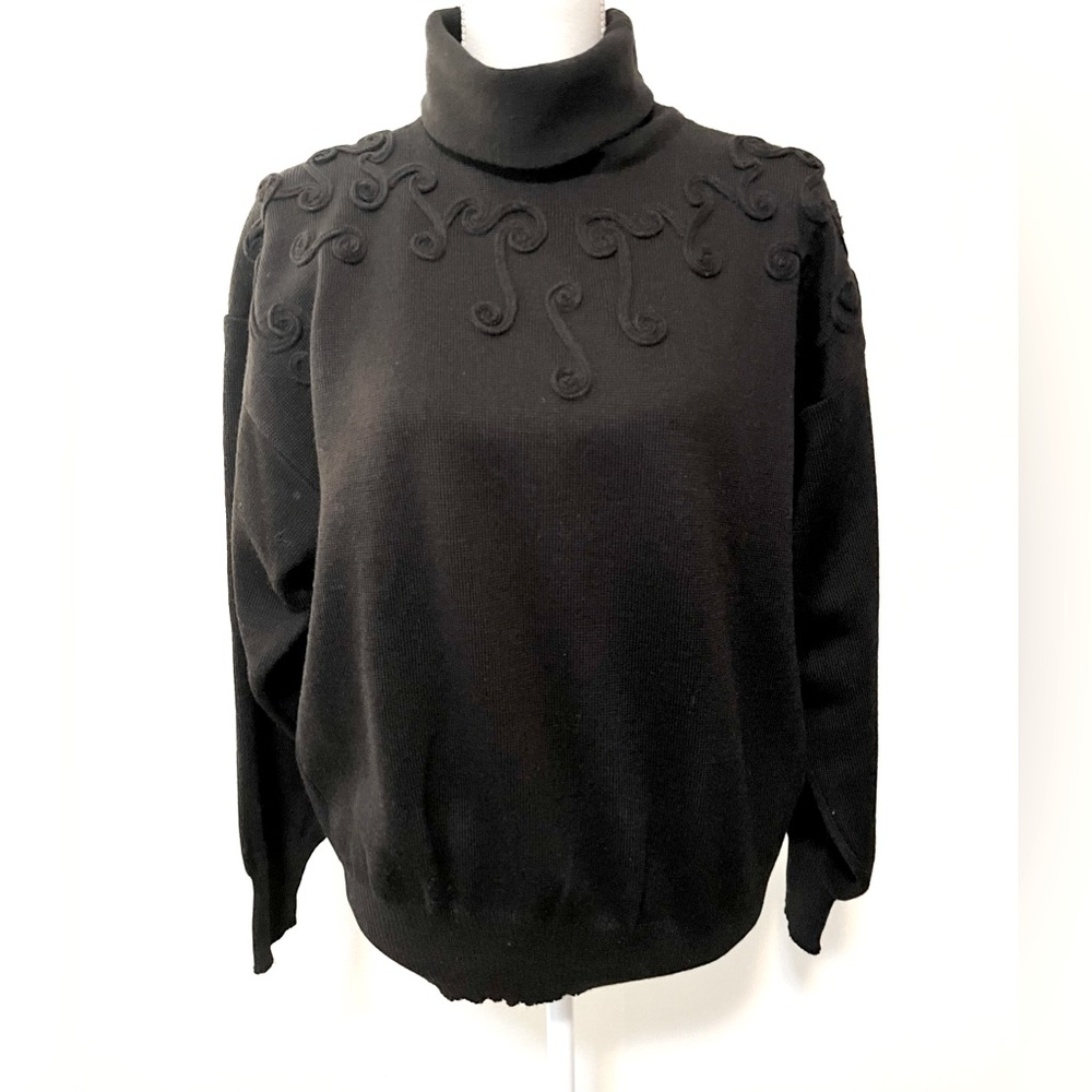 Vintage Meister Wool Blend Black Turtleneck Sweater with Embroidery Size Large